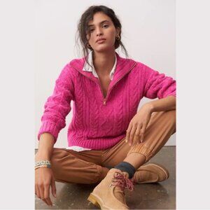Anthropologie Payton Cable Knit Pullover Quarter Zip Sweater XS Fuchsia Pink
